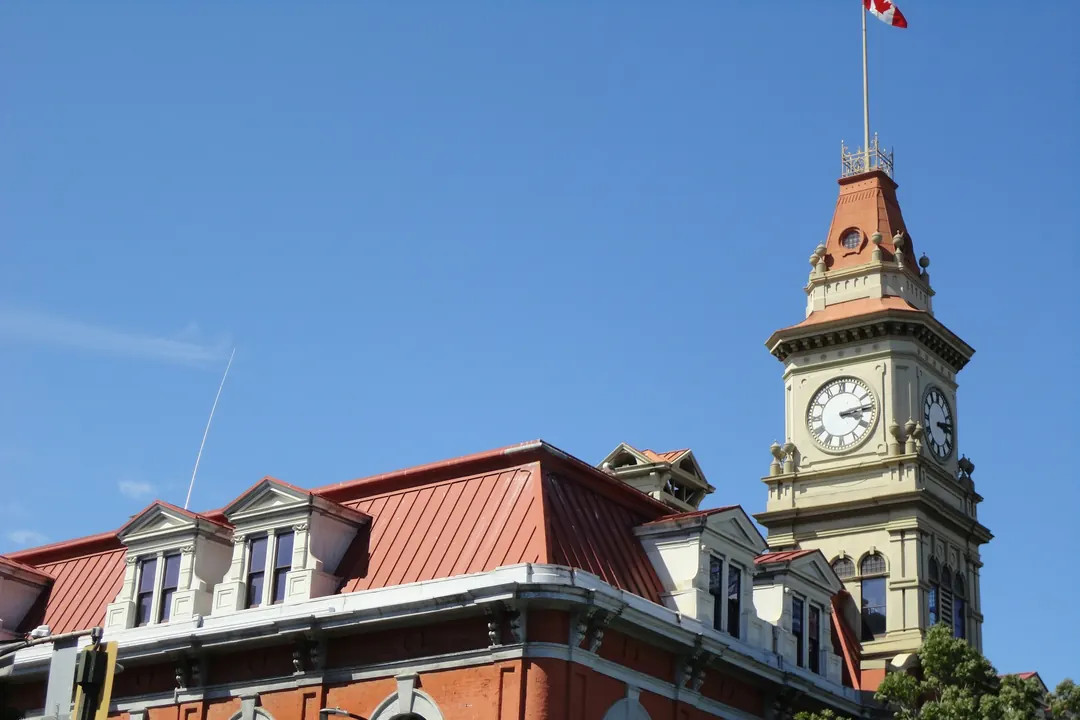 The clock tower of Victoria City Hall