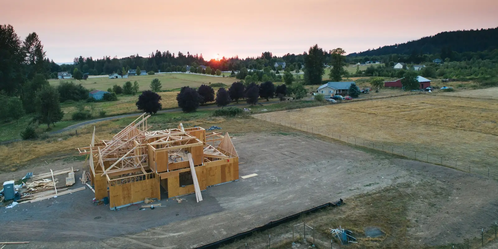 The wood frame of a new house