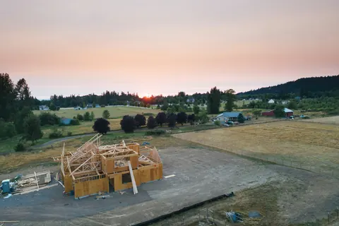 The wood frame of a new house