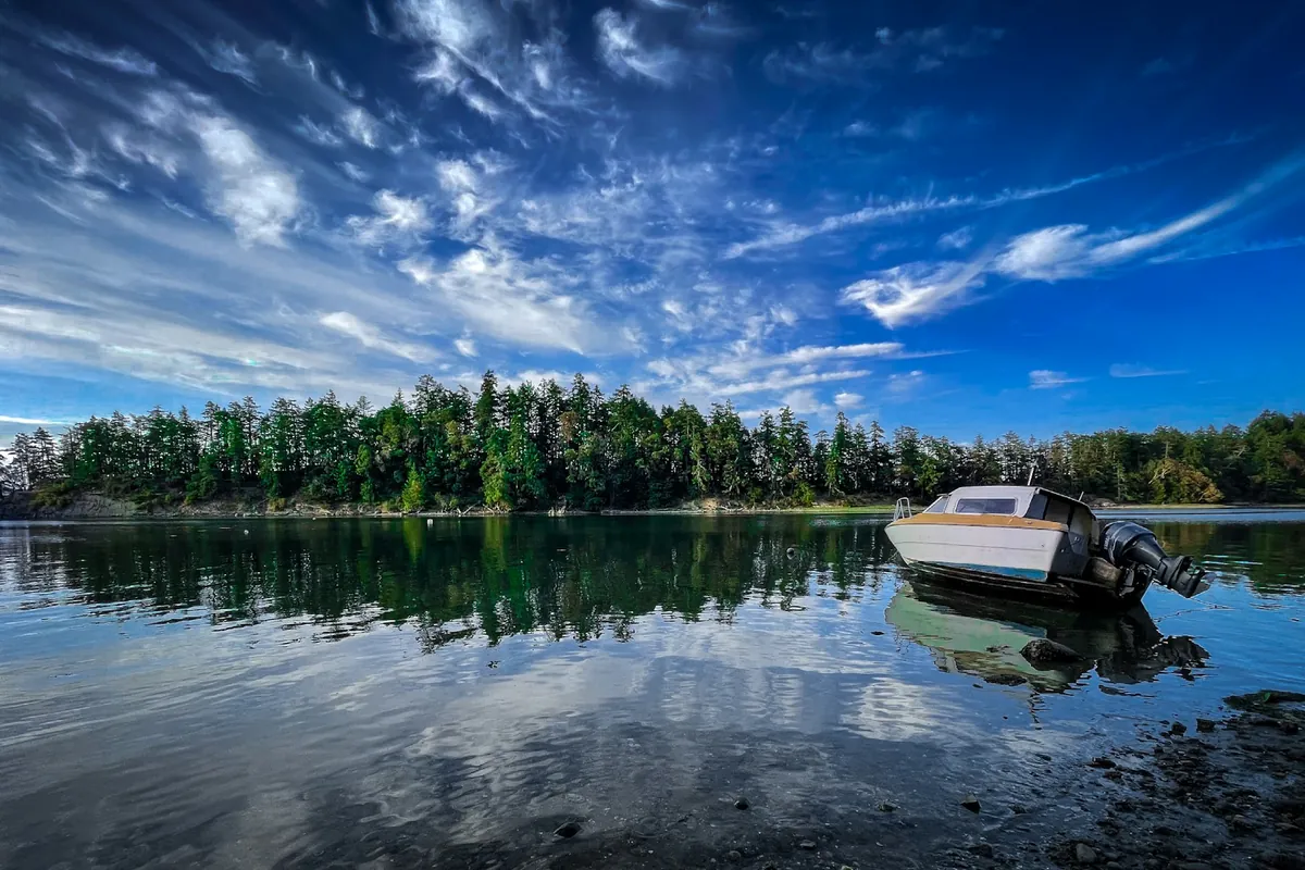 A small boat on the shore of Salt Spring Island, with forest behind it