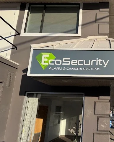 The EcoSecurity sign over our shop at 157 Trunk Rd in Duncan